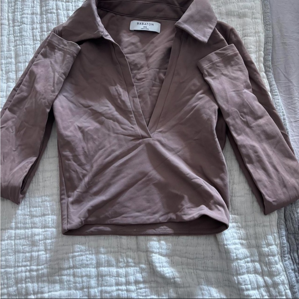Aritzia Babaton Dusty Mauve Brown Collared Contour Long Sleeve Top